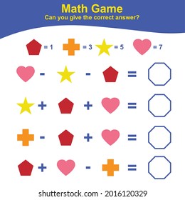 Geometric shapes Game. Math Worksheet for Preschool. Educational printable math worksheet. Additional math for kids. Vector illustration.