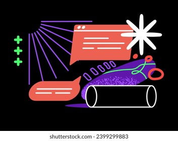 Geometric shapes, geometry figures: cylinder, lines. Abstract element composition. Comment, speech bubble in messenger, notice in chat. Online communication concept. Flat isolated vector illustration