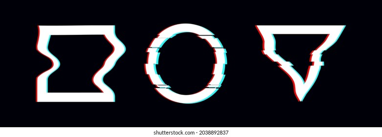Geometric shapes with glitch effect. Circle, square, triangle in distorted glitch style. Abstract vector digital frames with noise.