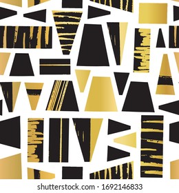 Geometric shapes gold foil and black seamless vector pattern. Abstract black and golden trapezoids and blocks repeating background. Modern art tribal style grunge shapes pattern. 