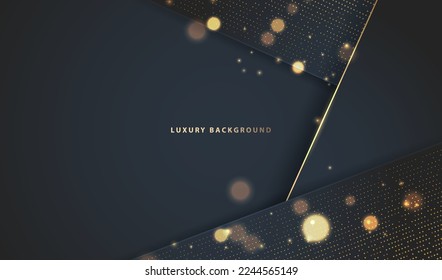 Geometric shapes with gold lines and dots luxury abstract on black background. Celebration invitation glitter christmas card design. Vector eps10.