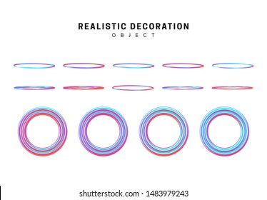 Geometric shapes gradient color hologram. Holographic circles, decorative design elements isolated on white background. 3d objects shaped blue round rings of different thickness. vector illustration.