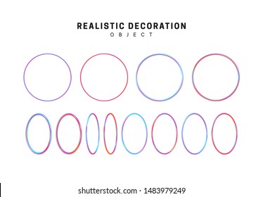 Geometric shapes gradient color hologram. Holographic circles, decorative design elements isolated on white background. 3d objects shaped blue round rings of different thickness. vector illustration.