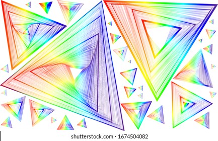 Formas geométricas a partir de líneas degradadas de colores arco iris en una ilustración vectorial de fondo blanco mono