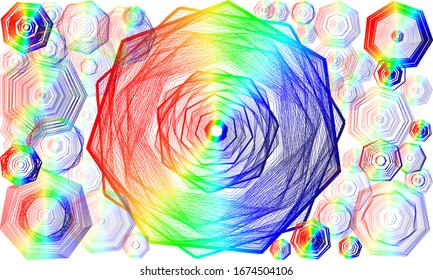 Geometric shapes from gradient lines of rainbow colors on a white mono background vector illustration
