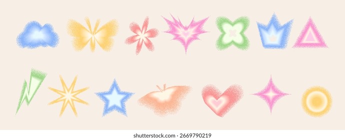 Formas geométricas com gradiente de ruído de grão definido. Coração retrô Y2k, estrela e círculo com flor. Colorido pastel pontos de gradação borboleta, coroa em fundo bege. Formas modernas. Ilustração vetorial.