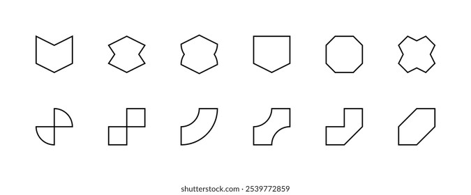 Geometric shapes. Graphic elements, different shapes, hexagon, arch, badge and more. Editable stroke. Pixel Perfect. Grid base 32px.