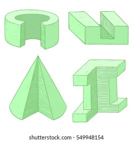 Geometric shapes. Green figures. Hand drawn sketch. Vector illustration isolated on white background.