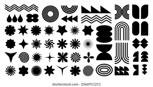 Geometric shapes and grids. Brutalist abstract contemporary figure star oval spiral flower and other primitive elements. Bauhaus memphis design. Swiss design aesthetic. Modern graphic element.