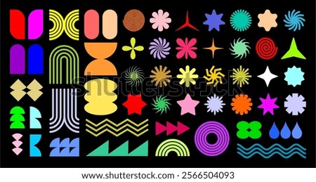 Geometric shapes and grids. Brutalist abstract contemporary figure star oval spiral flower and other primitive elements. Bauhaus memphis design. Swiss design aesthetic. Modern graphic element.