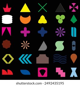 Geometric shapes and grids,  star oval spiral flower and other primitive elements. Decorative design elements, vector illustration.