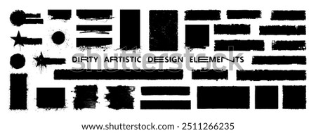 Geometric shapes with a grunge and halftone twist, featuring circles, rectangles, squares, stars with splatter effects and rough edges. Perfect for text callouts, template stickers. Vector graphic 