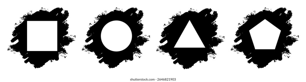 Geometric shapes with grunge splashes and ink splatters vector set, ideal for abstract design, art decoration, backgrounds, creative projects, and modern graphic compositions.