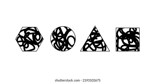 Geometric shapes with grunge texture, sketch. Vector set