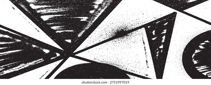 Geometric shapes with grunge texture and spray paint splatter, black and white abstract background for graphic design