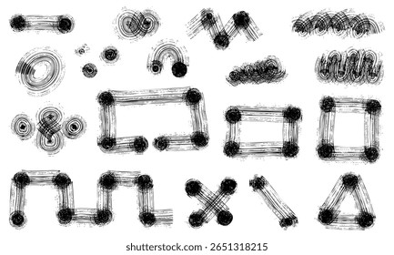 Formas geométricas com linhas de estilo grunge. Ícones mal impressos. Objetos vetoriais. Uma forma geométrica com cantos arredondados, criada com um pincel largo e seco, é mal impressa com uma linha preta sobre um branco
