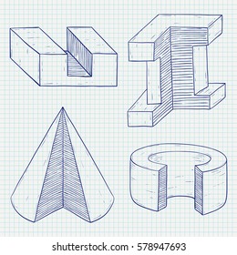Geometric shapes. Hand drawn sketch. Vector illustration on notebook sheet background