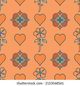 Geometric shapes and hearts vector seamless repeat pattern in orange and green