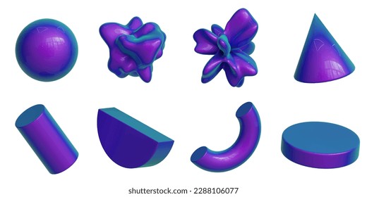 formas geométricas y un conjunto de iconos de vectores 3D holográficos geométricos.
bola,líquido,cono,cilíndrico,semicírculo,círculo plano