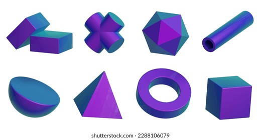 geometric shapes and a geometric holographic 3D vector icon set.
half square,cross,geometric ball,cylindrical,circle hole middle,square