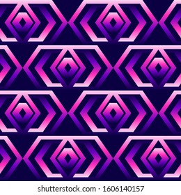 Geometric shapes holographic gradient grid seamless pattern. Vector wallpaper for textiles, posters, cards, wrapping paper. Abstract purple, pink colored chain background.