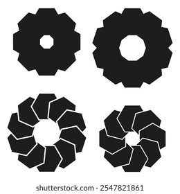 Icono de Formas geométricas. Abstractas diseño de rueda dentada. Elementos negros atrevidos. Ilustración vectorial.