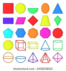 Geometric shapes icon set vector isolated. Collection of colorful 2D and 3D shapes. Square, octagon and oval. Concept of school, geometry and education. Simple line parallelogram and rhombus.