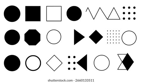 Geometric shapes and icons in mixed solid and outline styles. A minimalist collection of abstract elements for modern branding or design.