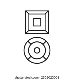 Geometric shapes icons. Square and circle designs. Minimalist black outlines. Vector illustration.