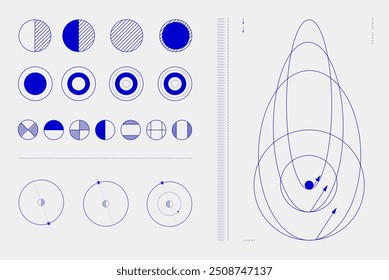 Formas geométricas, incluyendo círculos, líneas y arcos, dispuestas en un patrón similar a una cuadrícula. Diagramas circulares. Ciencia. Estética moderna, arte minimalista. diseño de Vector para portada creativa, póster y anuncio