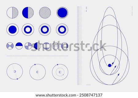 Geometric shapes, including circles, lines, and arcs, arranged in a grid-like pattern. Circular diagrams. Science. Modern aesthetics, minimalist art. Vector design for creative cover, poster and ad