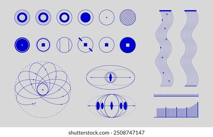 Formas geométricas, incluindo círculos, quadrados, linhas e curvas, dispostas sob a forma de quadrículas. Formas de onda complexas e diagramas de força. Ciência. Estética moderna, arte minimalista. Design vetorial, cartaz