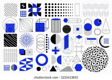 Formas geométricas elementos aislados establecidos en diseño plano. Conjunto de diferentes líneas, cuadrados, puntos, cilindro, círculo, rhombus, cubos, esfera, patrones, cruz, triángulos y otros. Ilustración vectorial.