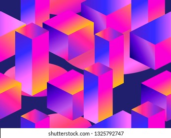 Geometric shapes in isometric style with gradient. Futuristic seamless pattern. Retrowave. Vector illustration
