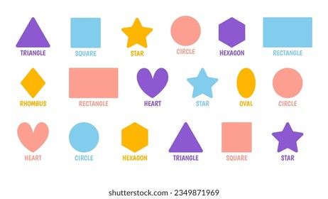 Geometric shapes for kids. Set of colorful different shapes. Logic worksheet for kids. Kindergarten children game. Square, triangle, circle math figure child preschool activity. Vector illustration 