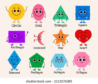 Geometric shapes for kids. Set of cute funny different bright emoji with face, arms and legs for kids. Vector isolated illustration in hand drawn trendy style