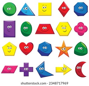 Geometric shapes for kids. Set of cute funny colorful bright emoji with face for kids. Vector isolated illustration in hand drawn trendy style