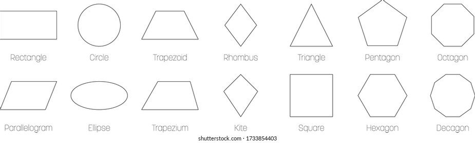 Geometric shapes with labels. Set of 14 basic shapes. Simple flat vector illustration.