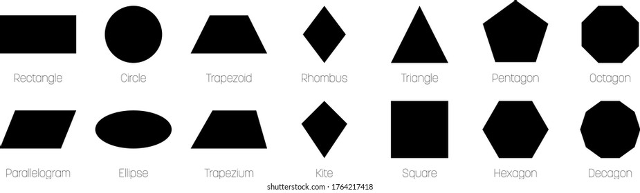 Geometric shapes with labels. Set of 14 basic shapes. Simple flat vector illustration.