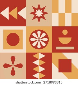 Geometric shapes layout artwork collage vector in bold yellow, red, and beige colors