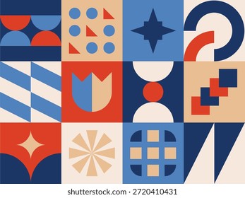 Geometric shapes layout collage artwork in red, blue, and white vector 