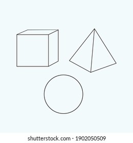Geometric Shapes line icon Set. Square, Cone, Cube, Circle, Triangular based pyramid outline vector illustration 