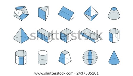 Geometric shapes line icons set in blue and gray. Basic stereometry figures. 3d cube, sphere, cone, cone, cylinder, pyramid vector illustration
