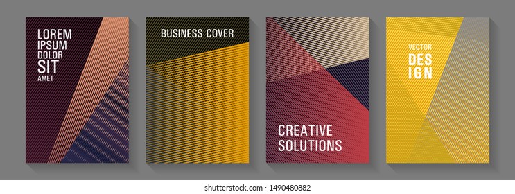 Geometric shapes line texture templates. Creative leaflet backdrops. Triangle element layers modern patterns. Advanced technological concept. Educational brochure covers set.