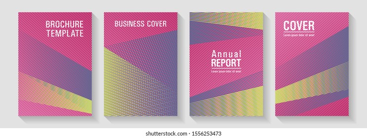 Geometric shapes line texture templates. Magic notebook frameworks. Plastic style cover templates set. Lines gradient texture booklet layouts. Trendy magazine backdrops.