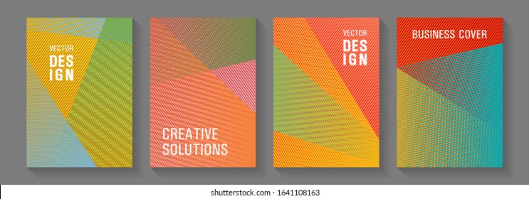 Geometric shapes line texture templates. Colorful halftone gradients for web. Modern gradient folder mockups. Educational brochure covers set. Scientific journals concept.