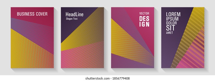 Geometric shapes line texture templates. Colorful halftone gradients for web. Marketing brochure covers design set. Simple annual report mockusp. Bright business reports concept.