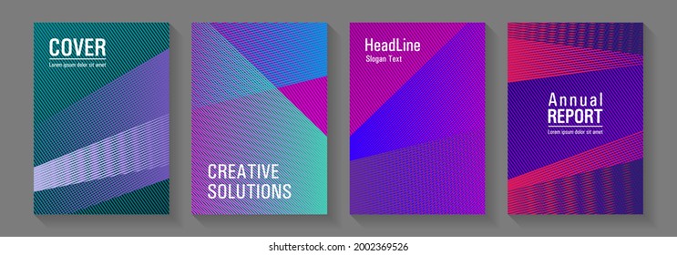 Geometric shapes line texture templates. Marketing brochure covers design set. Stylish magazine vibrant leaflets. Colorful halftone gradients for web. Sale catalog vivid mockups.
