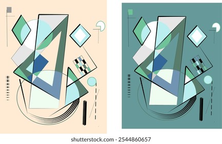 Las Formas y líneas geométricas crean una composición abstracta con una mezcla de colores sobre dos fondos diferentes. El lado izquierdo presenta un fondo verde azulado, mientras que el lado derecho contrasta con un color crema.