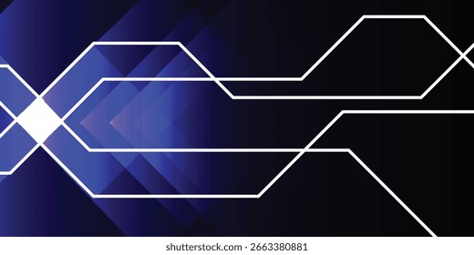 Geometric shapes and lines create a modern design. The background features a gradient of dark blue and black hues.